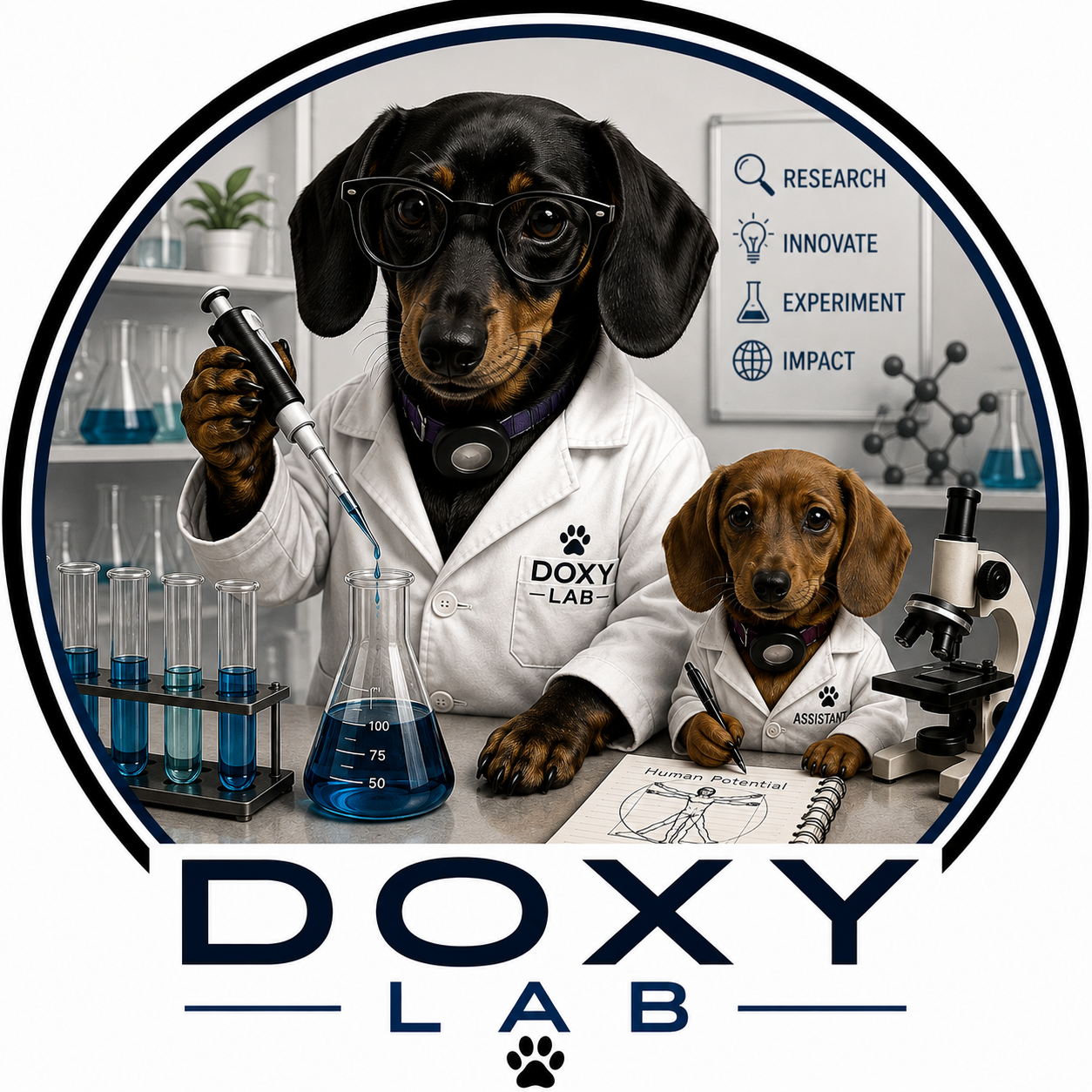Two dachshund scientists conducting experiments in the DoxyLabs laboratory